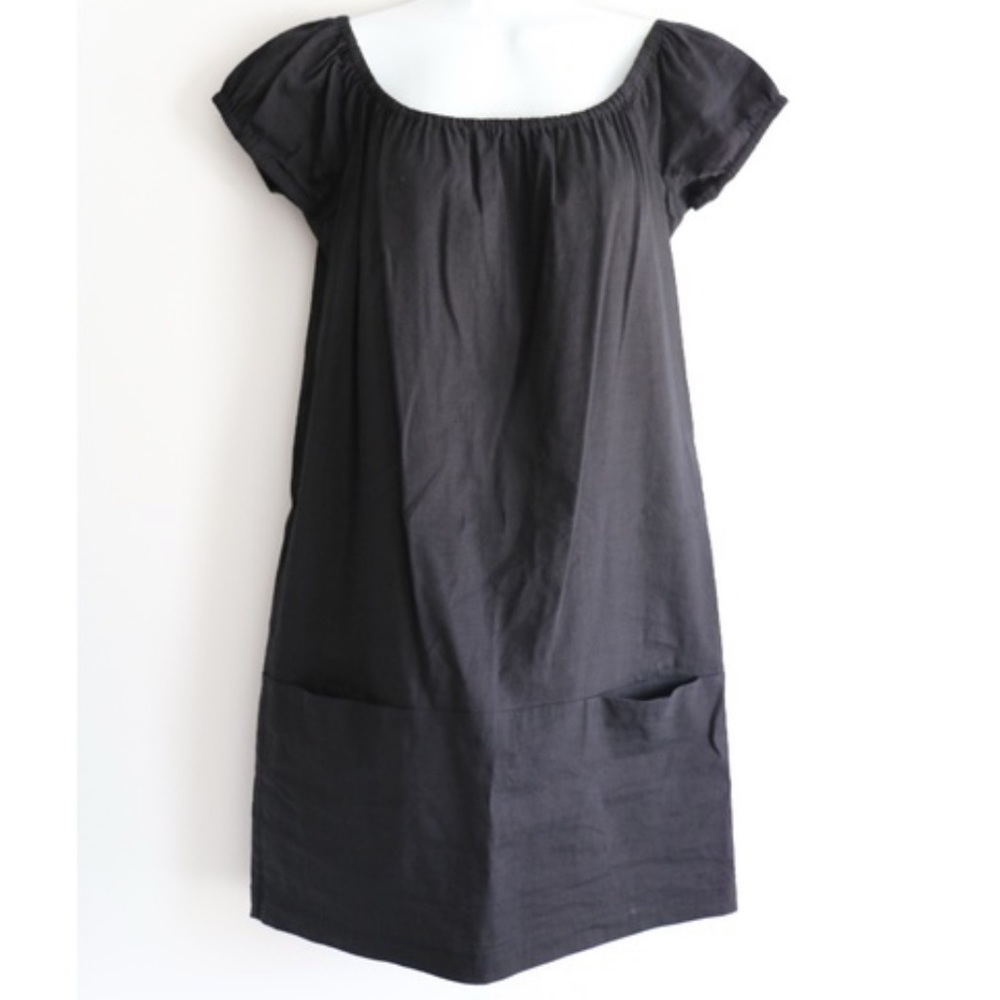 Theory Lilibeth W Black Linen Dress sheath shift off the shoulder pockets small